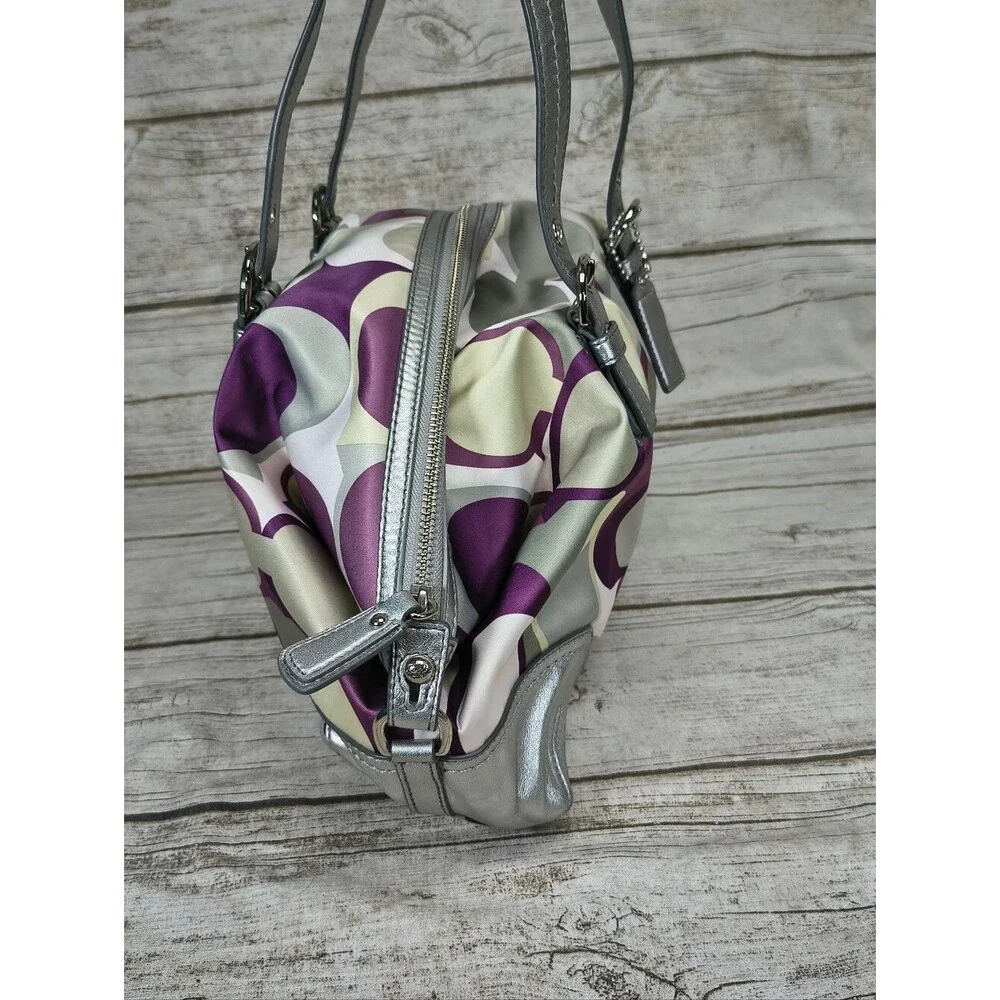 Coach Optic Convertible Scarf Print Carry All F17409 Purple Silver Taupe Sateen